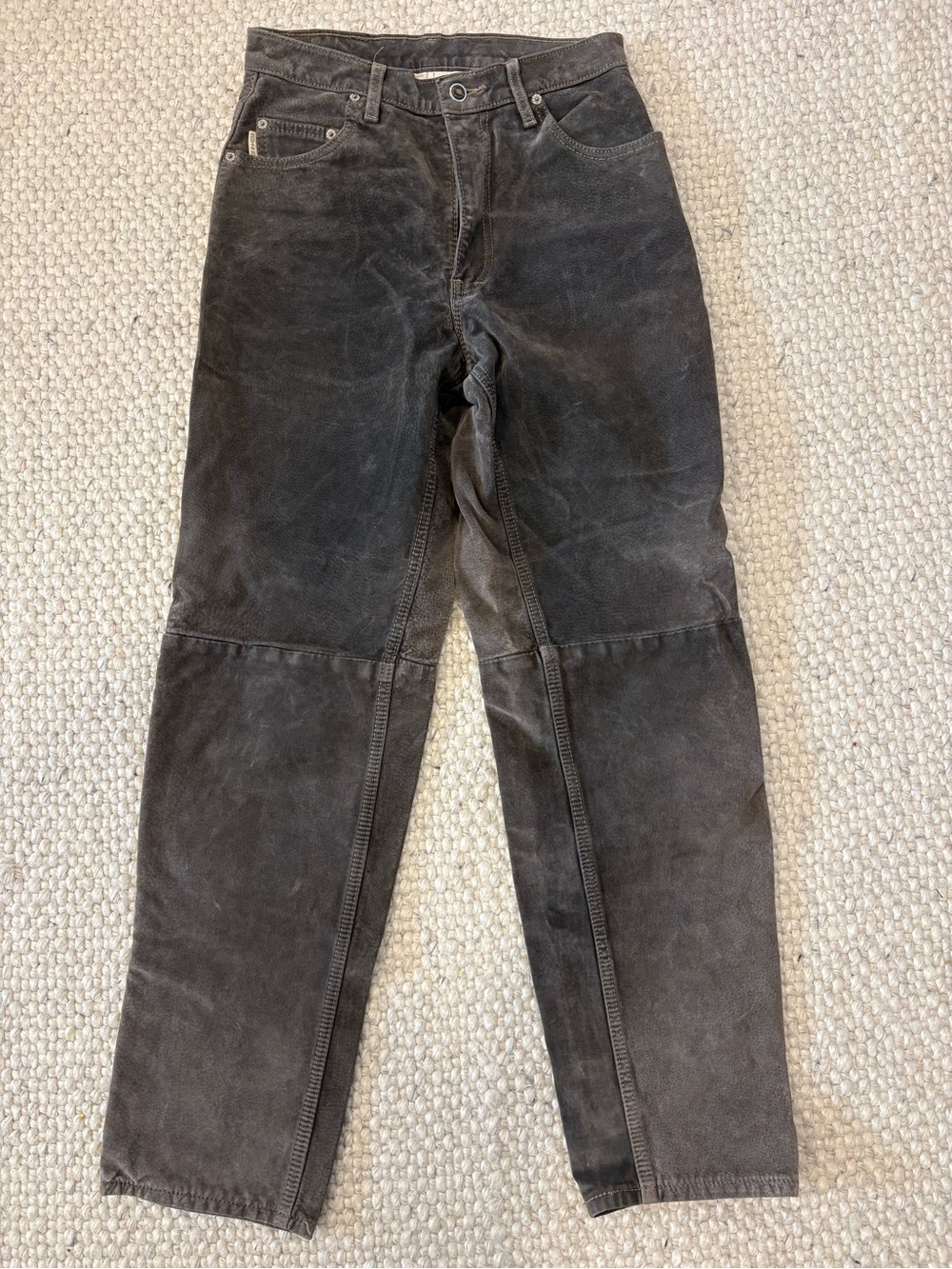 Vintage Suede Leather Dark Gray Workwear Jeans - Durable Straight Leg